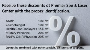 Premier Spa Discounts, AARP, Cosmetologist, Health Care Employees, Military Personnel, RN/PA-C/NP/Physician